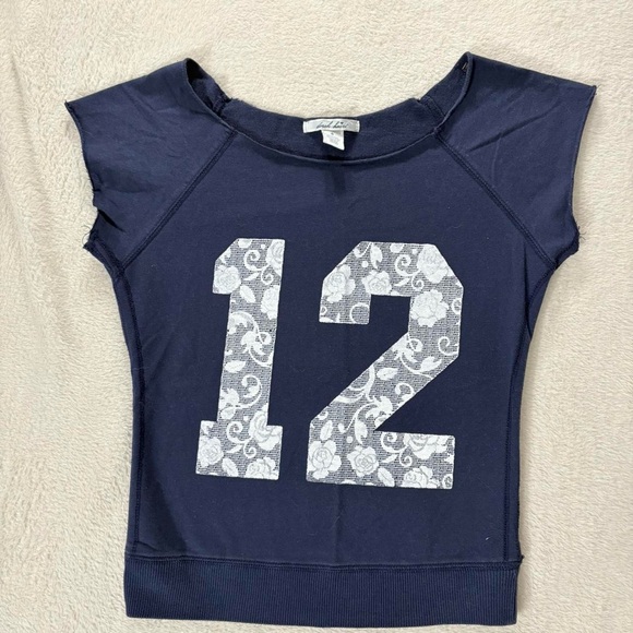 Y2K Derek Heart Navy Blue Varsity Sweater Tee with Floral 12 - Picture 1 of 6